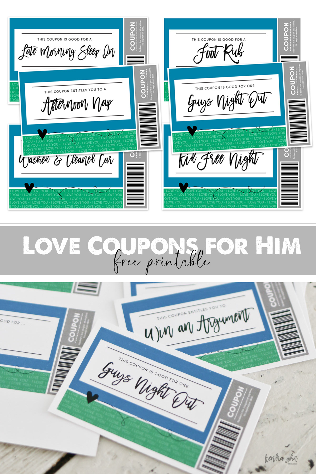 Printable Love Coupons for Husband or Boyfriends. Guys night out, Kid Free Night, Washed and cleaned car plus more.
