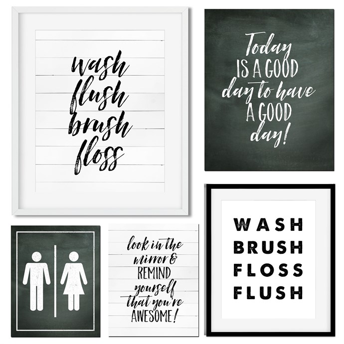 Black and White Bathroom Printables with Wash, Flush, Brush, Floss sayings. 