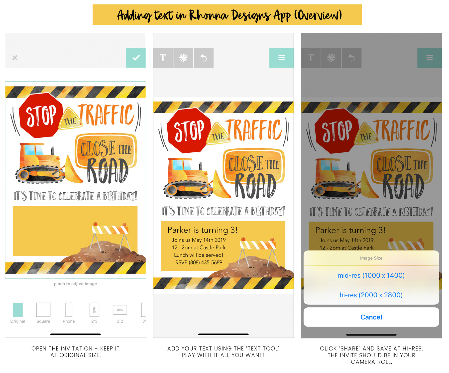 How to put text on the construction birthday invitation