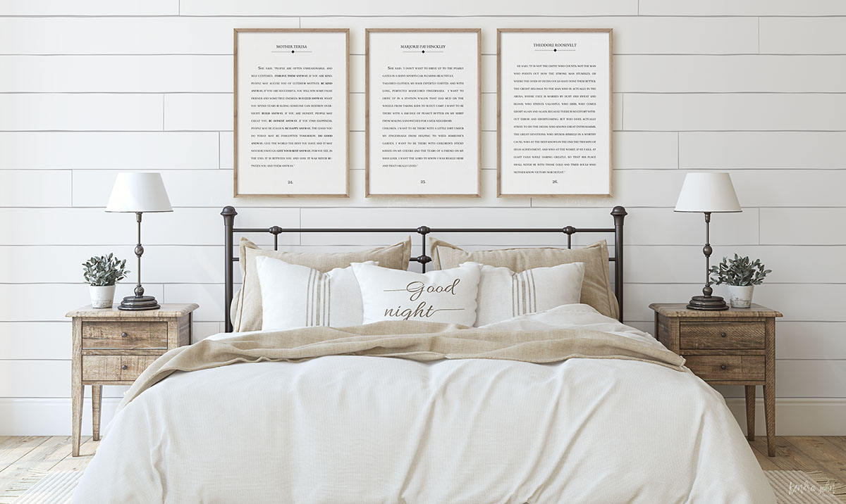 3 book page quotes above bed farmhouse style