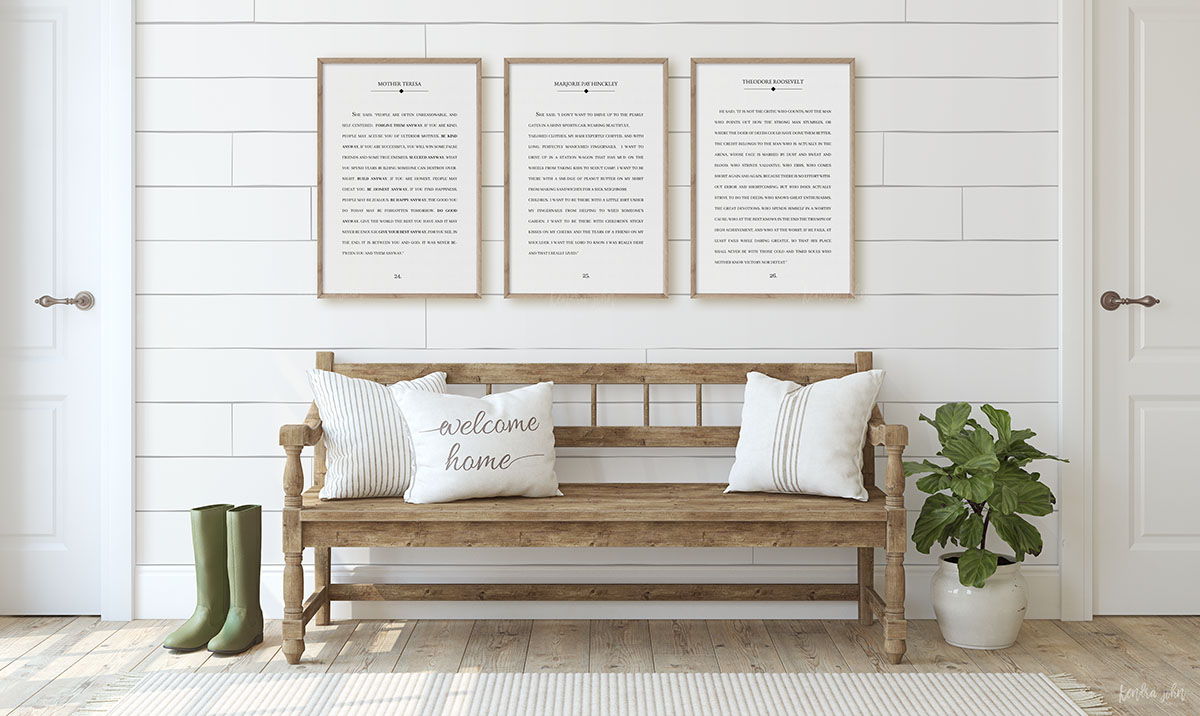 3 frames book page quotes in entryway