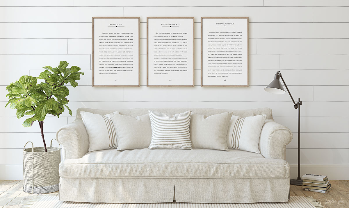 Large Book Poster over Couch with Shiplap walls