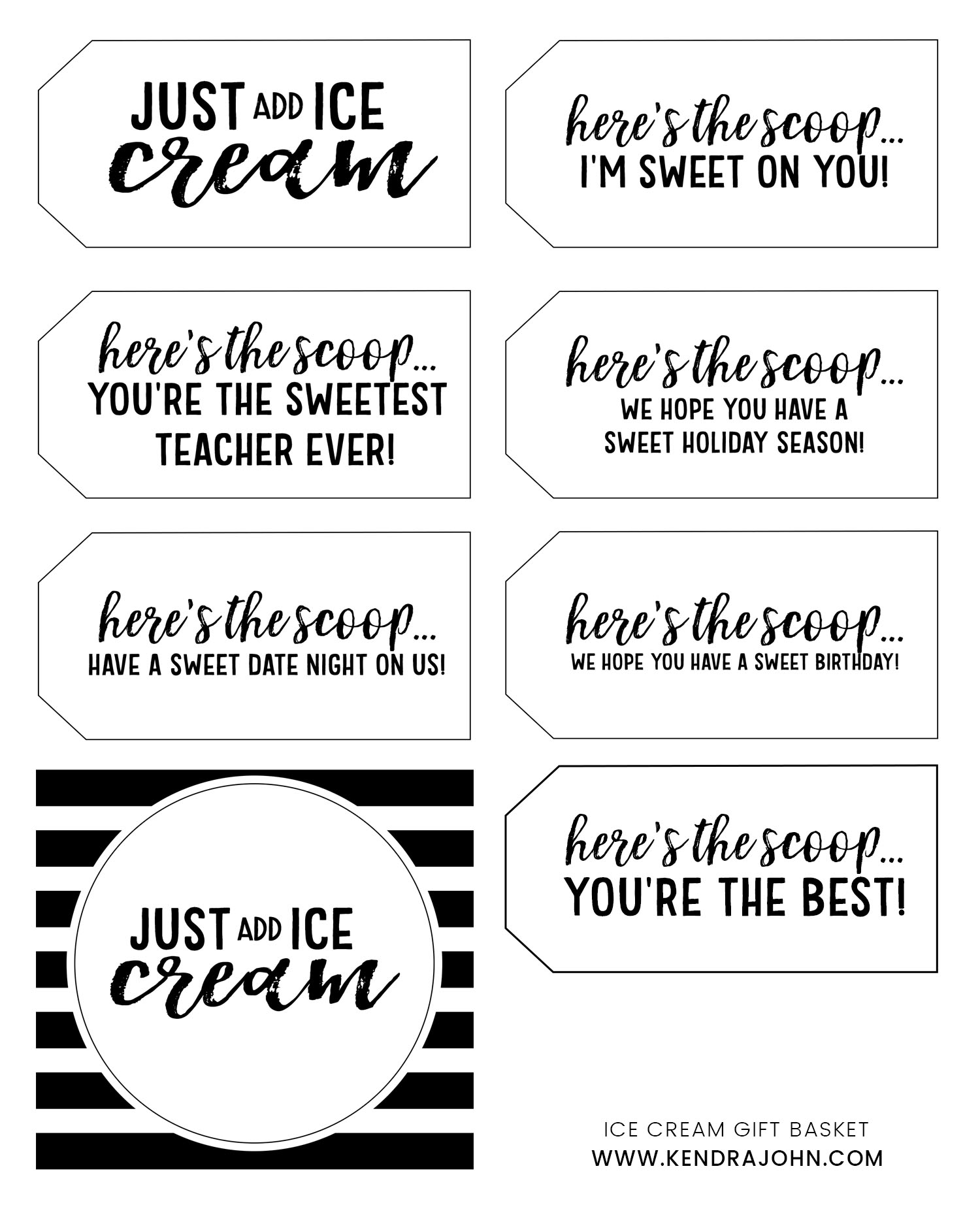 Printable gift tags for Ice Cream Gift Basket for Valentines, Date Night, Teacher Appreciation, Christmas, Birthday, and Just Because