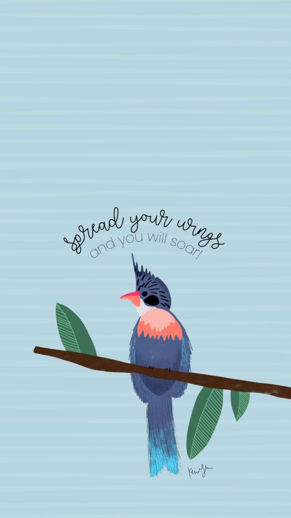 Spread Your Wings graphic with bird on branch.